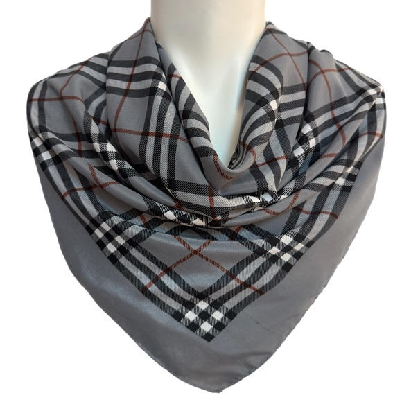 Vintage Grey Plaid Silk Scarf – Hand Rolled Edges – 34” Square - Picture 1 of 11